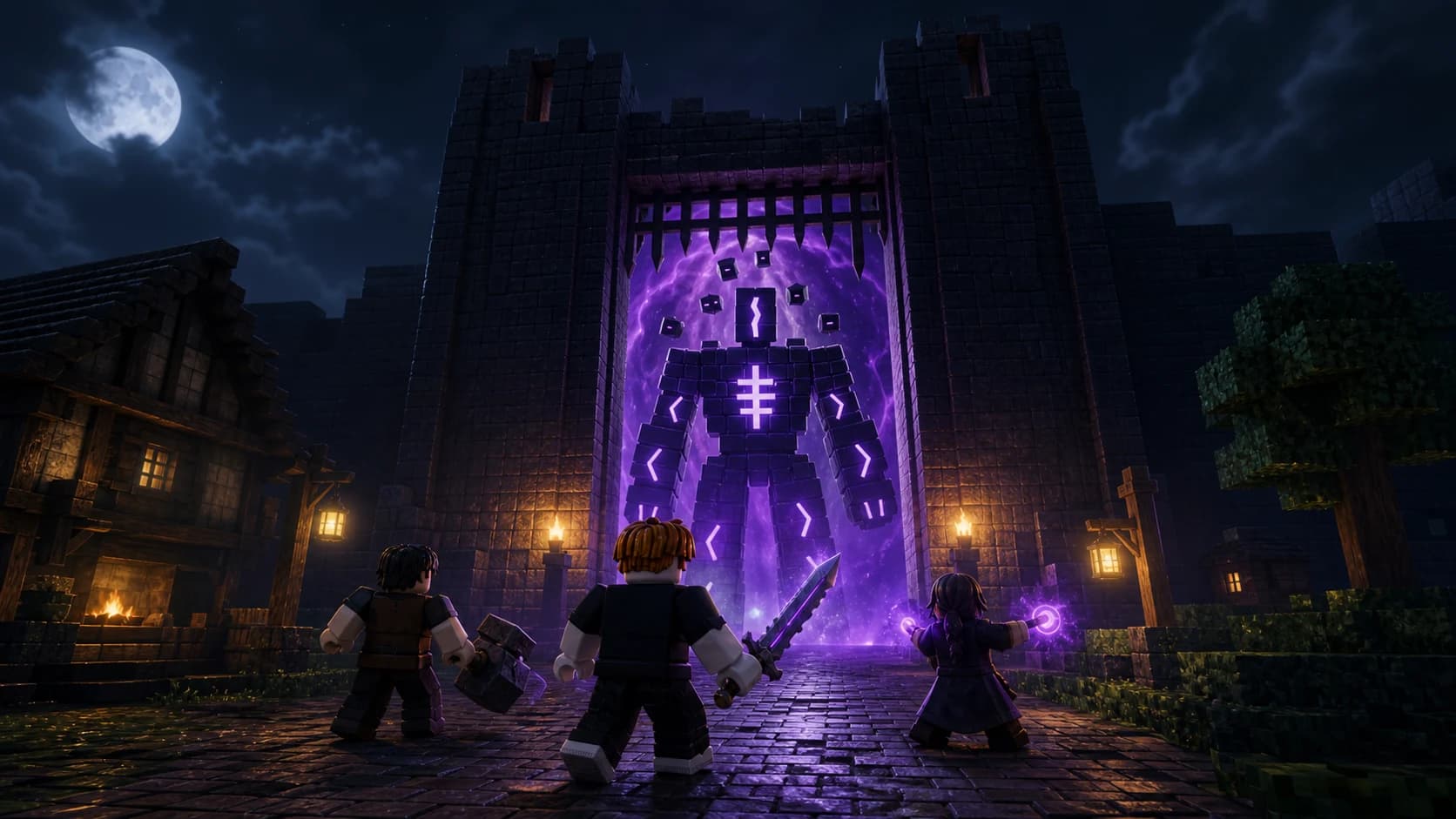 Three adventurers face a Rune Warden stepping out of the lit Sundergate